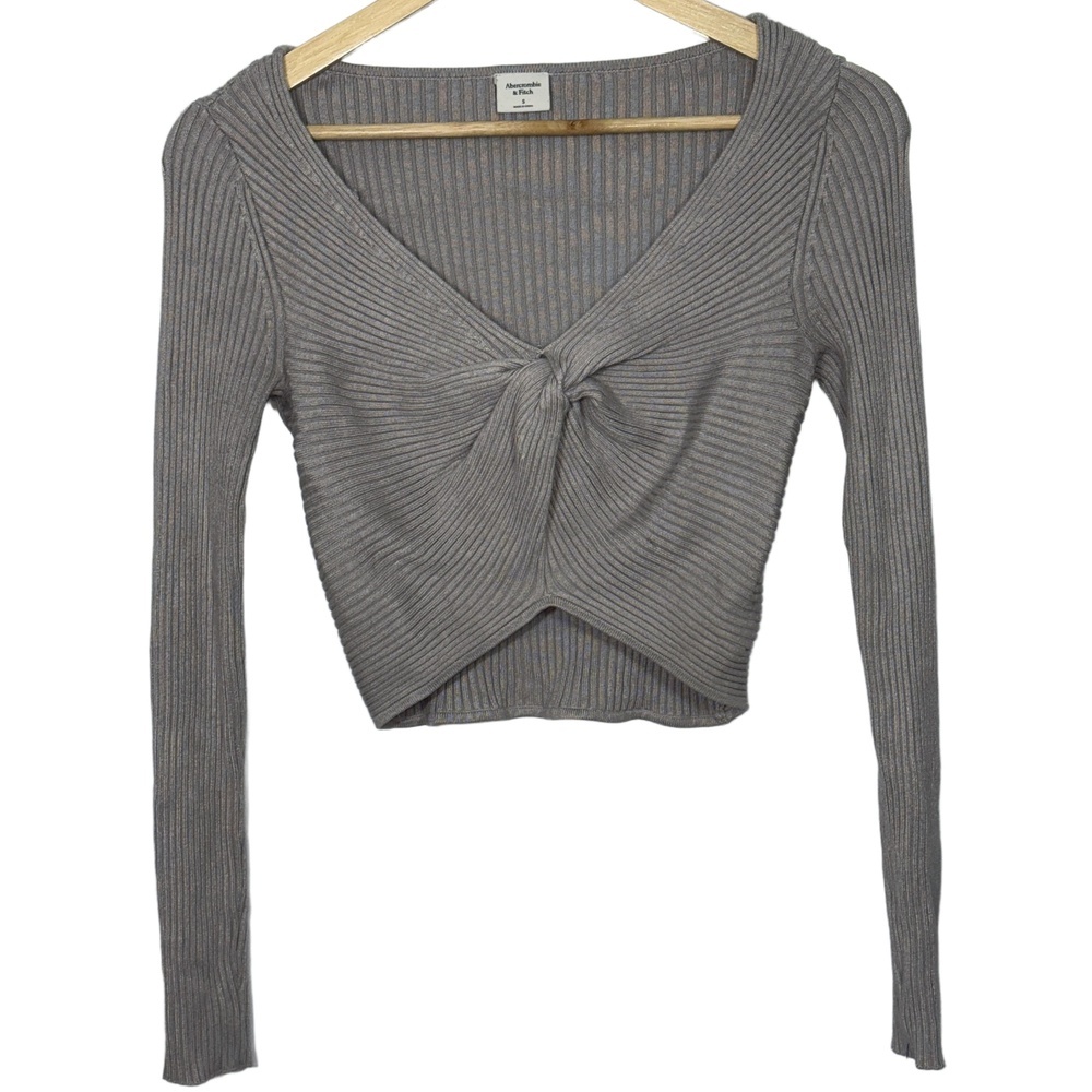 Abercrombie & Fitch Gray Ribbed Knit Long Sleeve Cropped V-Neck Sweater Size S